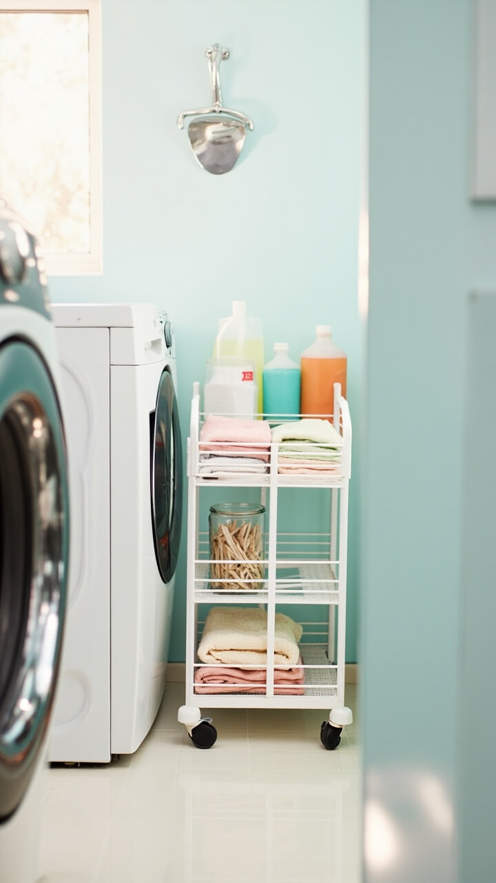 A white narrow metal rolling cart slides right in between a front-loading washer and dryer in a bright closet-sized laundry room. The cart holds clear detergent bottles, folded microfiber cloths, and a jar of clothespins. The floor is crisp white tile, walls are pale blue, and there’s a chrome wall hook nearby.