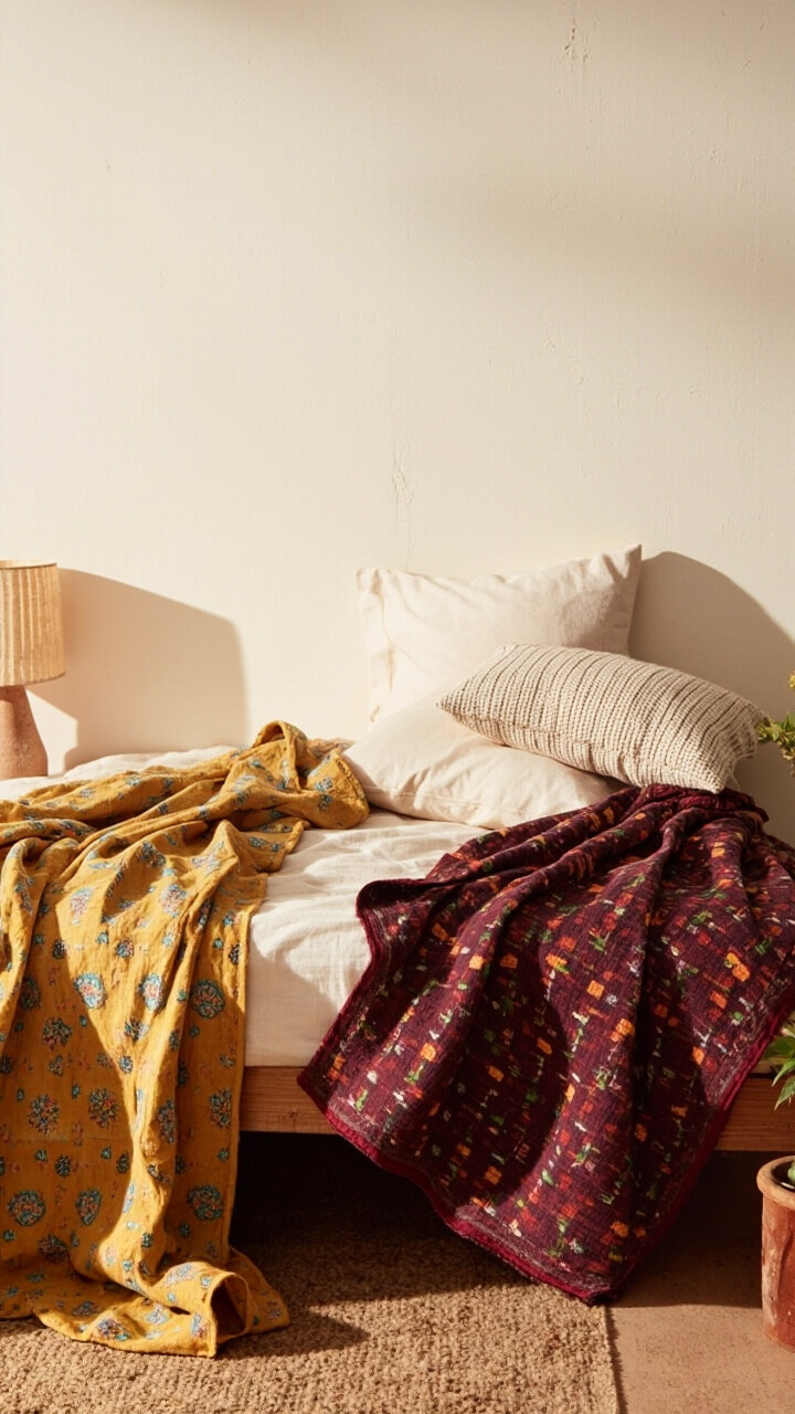 A low wooden bed is topped with two overlapping kantha quilts—one with mustard floral, the other burgundy geometric. Textured cream sheets peek out, with a chunky knit pillow at the head. The nightstand holds a ribbed ceramic lamp and a tiny terracotta plant pot.