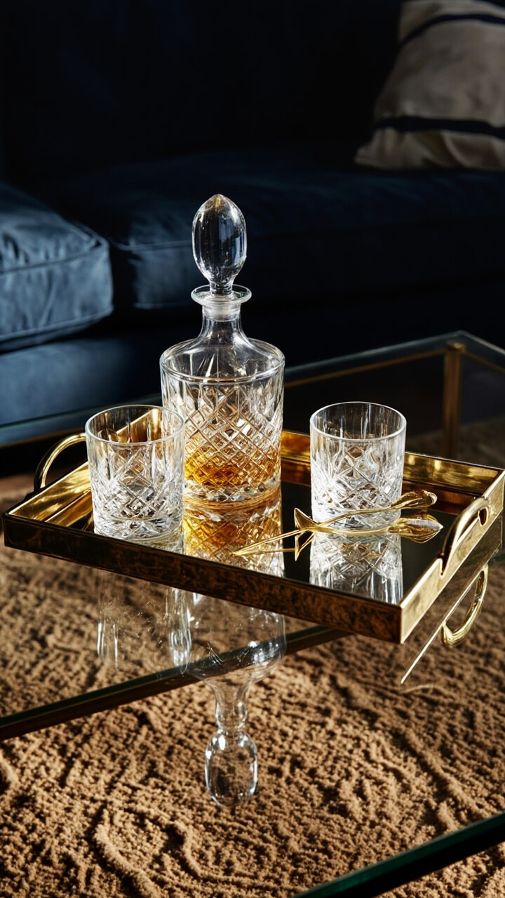 On a rectangular mirrored tray atop a glass coffee table, a cut-crystal decanter, two faceted whiskey tumblers, and a pair of gold cocktail picks are arranged neatly. To the side, a navy linen sofa and a sand-colored shag rug complete the scene.