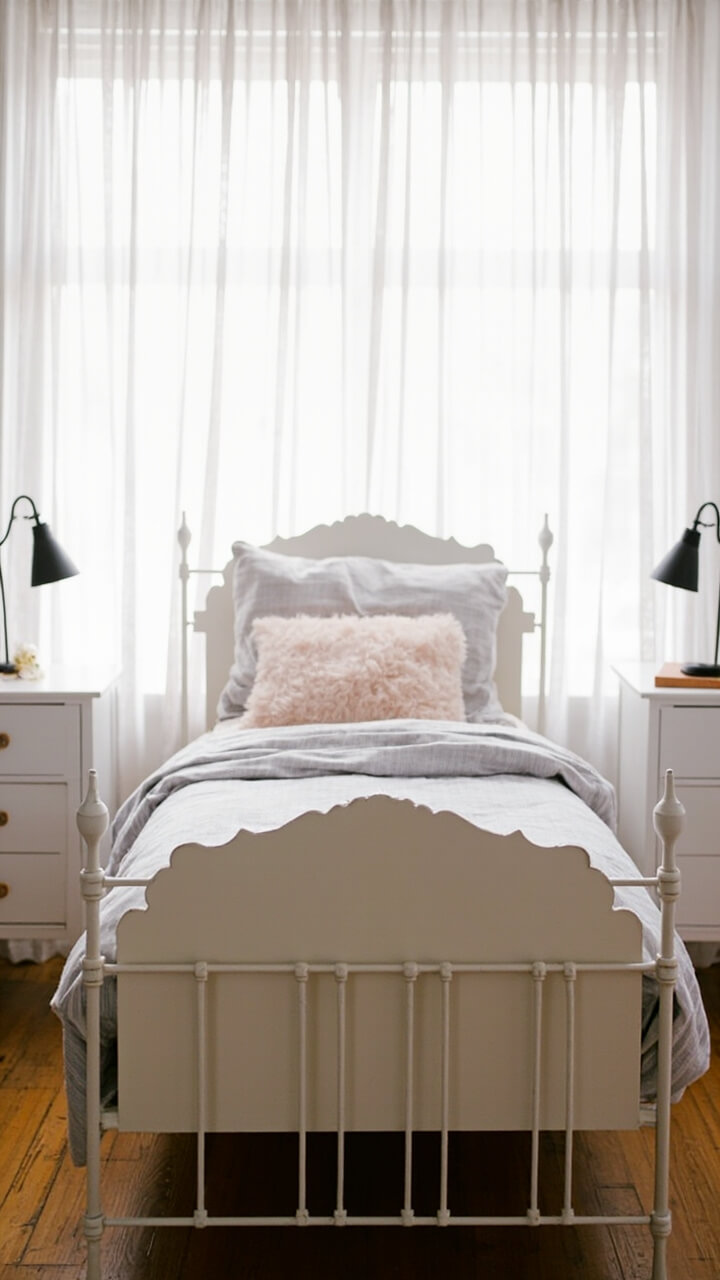 A small white iron bed with scalloped edges is paired with matching white nightstands, each flanked by a slim matte-black adjustable wall lamp above. The bedding features light grey stripes, and a pale pink pillow sits at the head. Behind the bed, sheer white curtains soften the room.