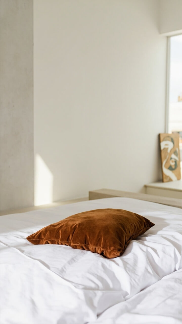 A clean white bed features a single ochre velvet pillow at the center. Across the room, a small abstract painting in ochre and white leans on a shelf. The rest of the decor is all neutrals.
