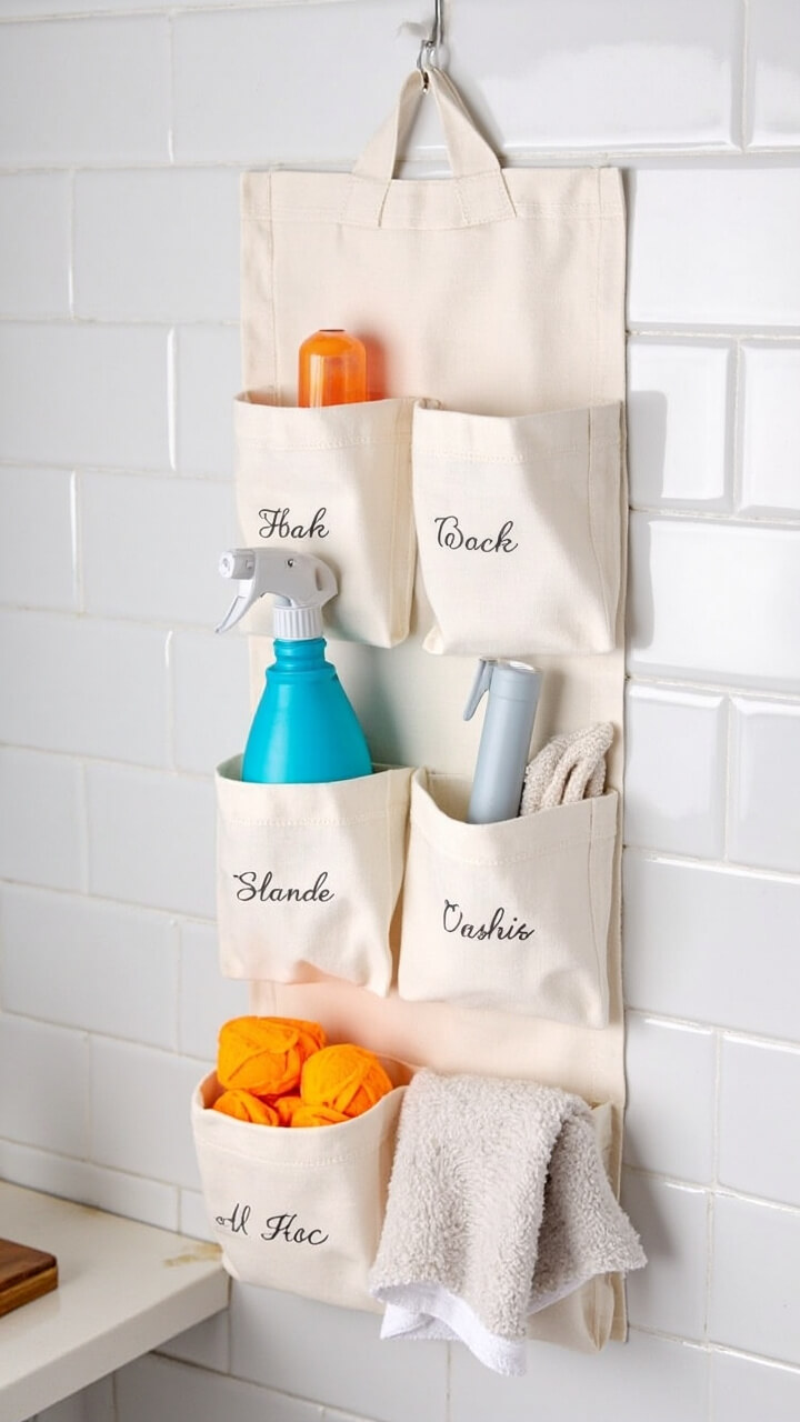 A cream canvas pocket hanger with six roomy pockets hangs vertically on a short side wall, each pocket labeled with black script. Peeking out: a blue spray bottle, orange dryer balls, and a folded cleaning cloth. The background is a tiled half-wall in classic white.