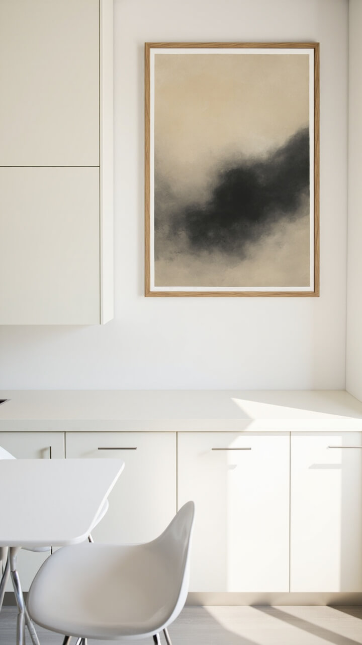 A single oversized abstract art print in soft beige and black, thinly framed in natural oak, hangs above a compact white bistro table and two molded white chairs at the end of the kitchen. Across from the print, white shaker cabinets and a seamless pale countertop add to the openness.