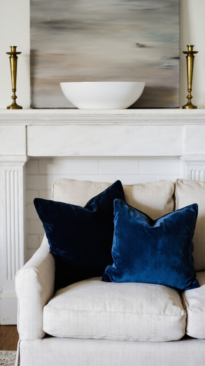 A white stone fireplace mantel features a large, muted abstract painting leaning against the wall. On either end stand slim brass candlesticks, and a white ceramic bowl sits at the center. An oatmeal-toned sofa with navy accent pillows completes the seating area nearby, with a pale patterned rug in front.