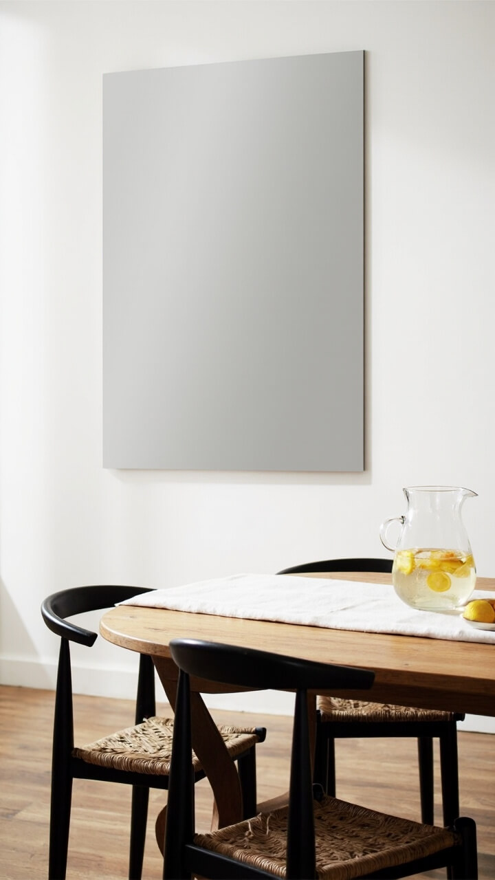 A dining room features an extra-tall, frameless rectangular mirror attached vertically to a white wall behind a natural oak oval table. Four black wishbone chairs surround the table. On the table: a linen runner and a glass pitcher of lemon water.