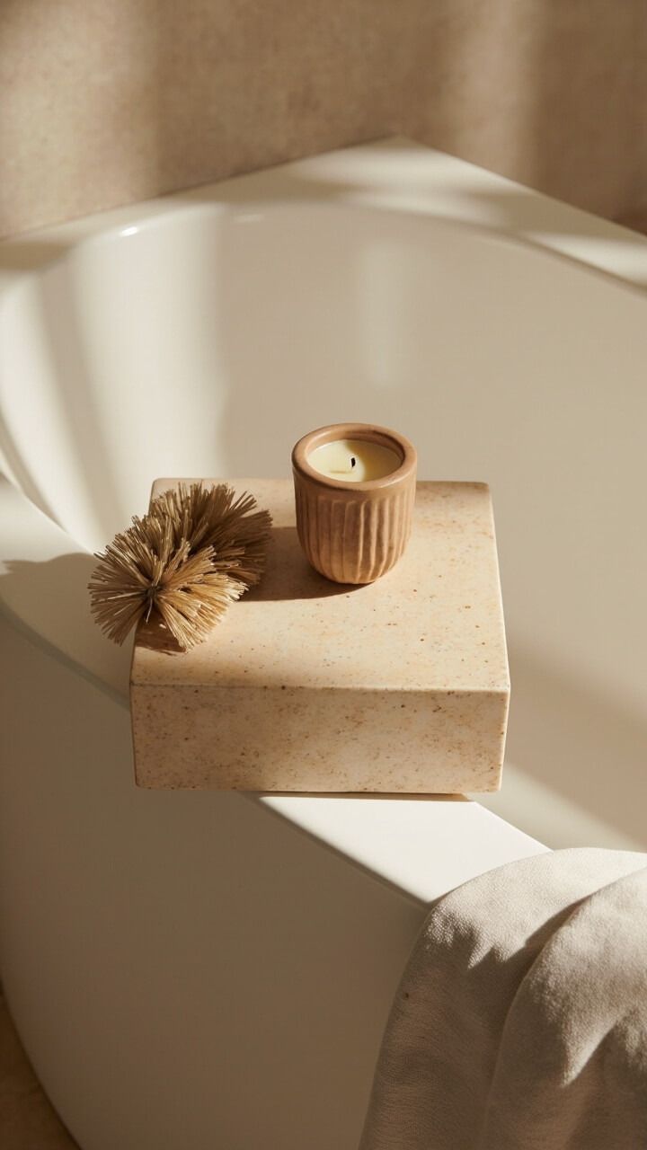 On a tub ledge sits a square travertine pedestal. A sand colored ribbed ceramic candle rests on top. A natural bristle bath brush lies beside it. A linen bath pillow drapes over the tub edge.