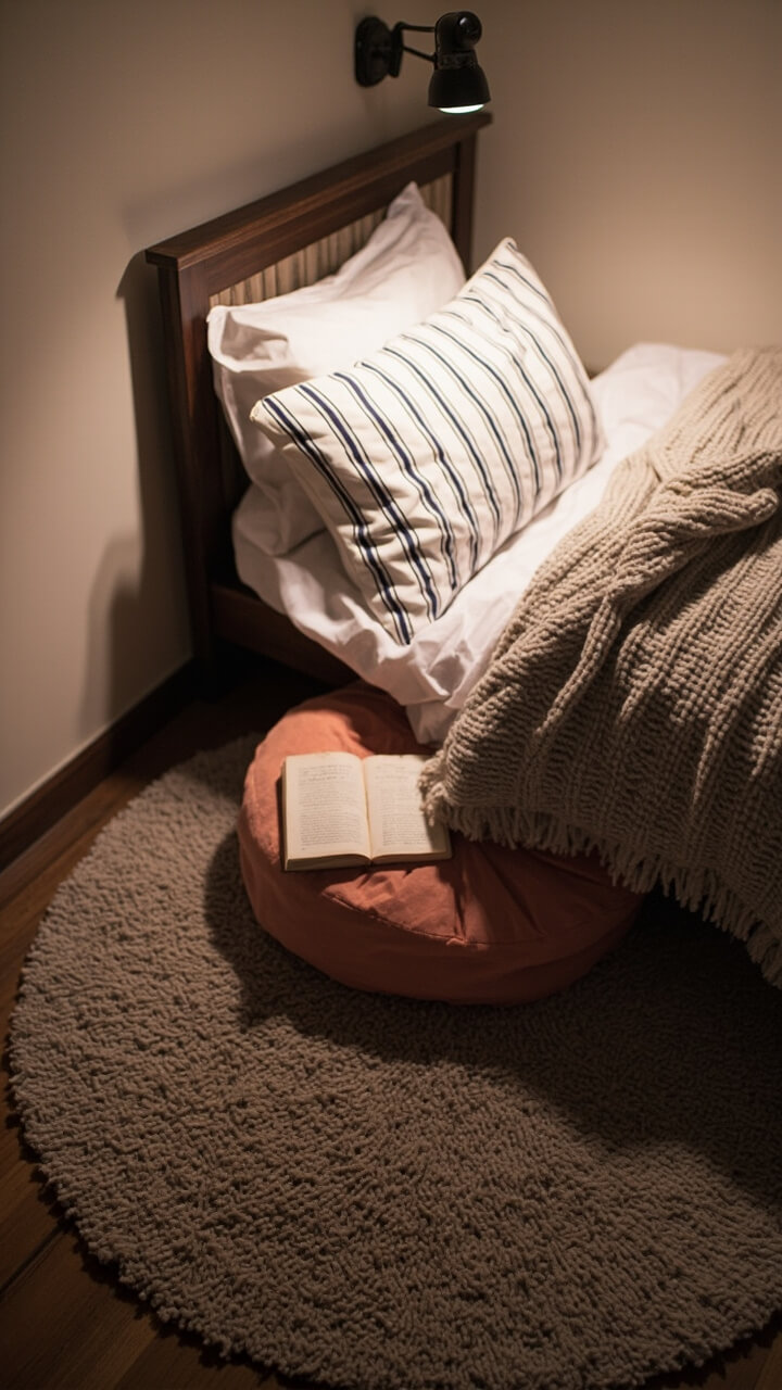 Next to a twin dorm bed, a round taupe shaggy rug sits on the floor. A soft coral floor cushion is stacked with a pale gray knit throw and a striped lumbar pillow in white and navy. A paperback rests nearby, and a small clip-on lamp is attached to the bedframe, pointed at the spot.