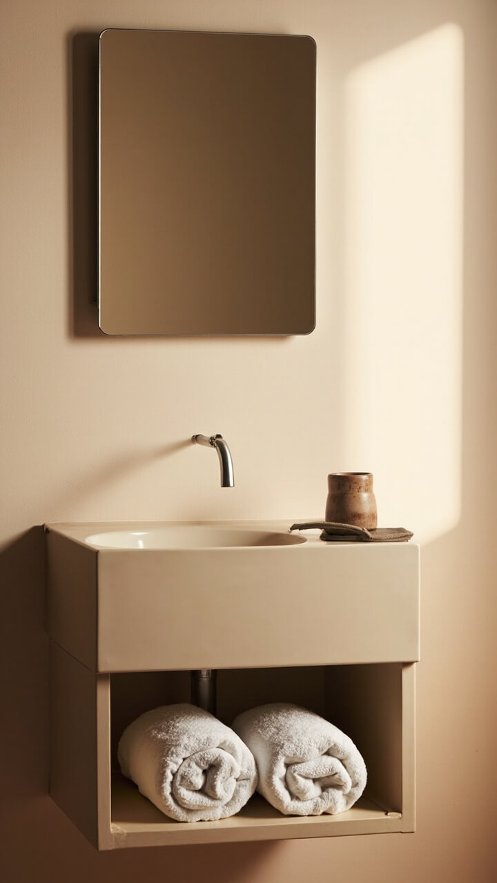 Painted soft-beige wall-mounted vanity with a lower open shelf, two rolled white towels, a small stoneware tray, and a narrow above-vanity rectangular mirror.