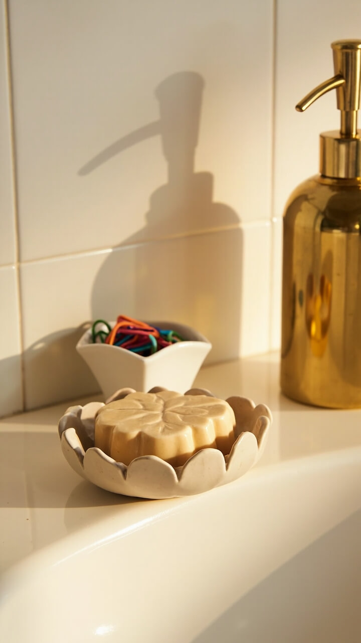 A ceramic pumpkin shaped soap dish sits on the sink ledge with a leaf shaped bar soap resting inside. A slim brushed brass pump sits to the side. A tiny white ramekin holds a few hair ties. The backsplash tile is white.