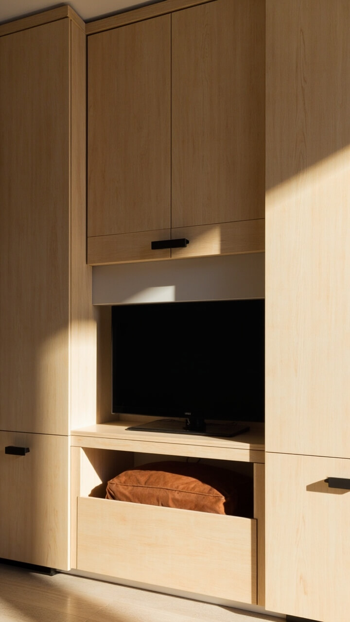 A bank of pale maple wood full-height cabinets with integrated handles, central cut-out for TV, no visible hardware. The base has a single large cubby holding a cinnamon brown leather pouf.