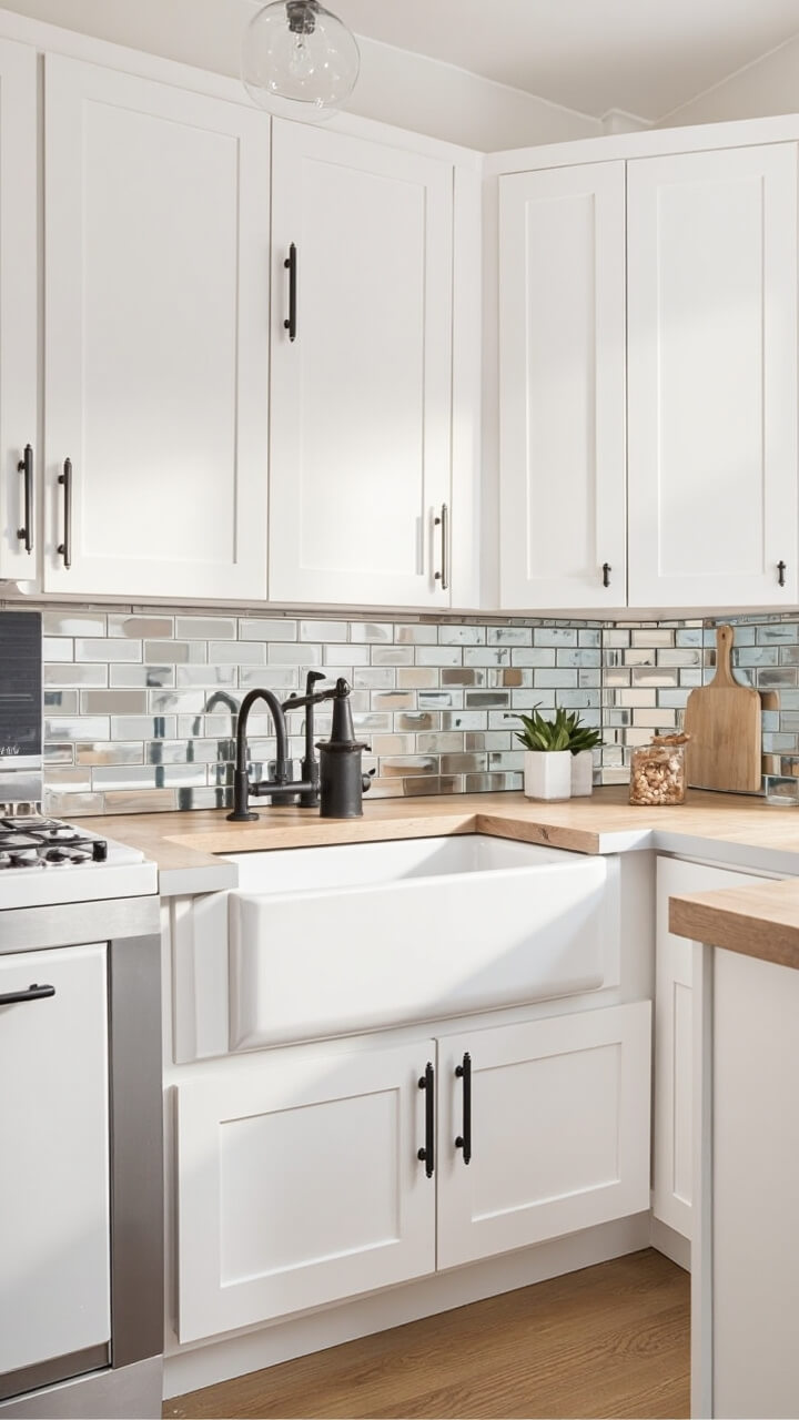 A cozy galley kitchen with mirrored subway tile backsplash stretching from countertop to the bottom of white shaker cabinets. Light oak butcher block countertops pair with matte black hardware and a clear glass lamp above the sink.