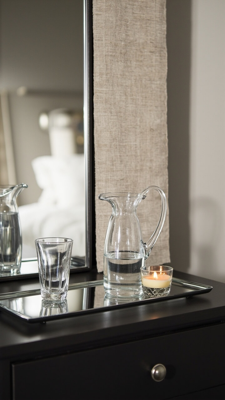 A slim rectangular mirror tray sits on a charcoal gray wood nightstand, next to a linen-wrapped tall rectangular mirror hung lengthwise. On the tray: a clear glass carafe with matching tumbler, and a small vanilla votive candle in a glass holder.