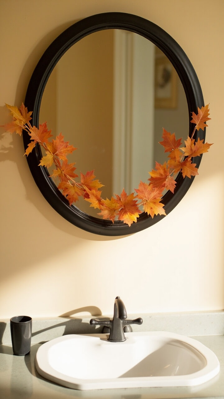 A large, round black-framed mirror hangs above the sink. A faux orange maple leaf garland is draped casually across the top half of the mirror frame. The countertop below is clear except for a small black tumbler cup.