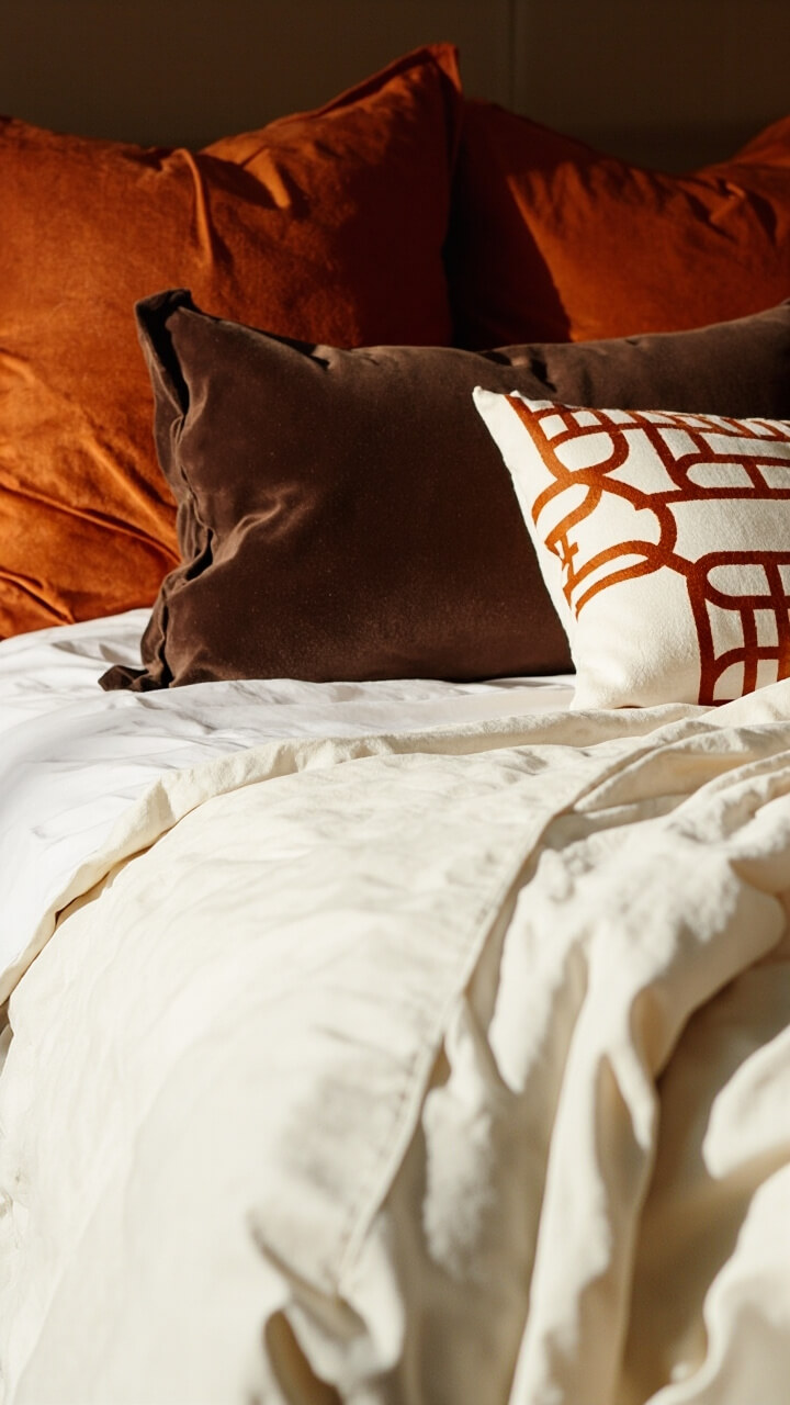 A soft white comforter, two burnt orange throw pillows, one chocolate brown suede pillow, and one cream pillow with rust geometric print at the head of the bed.