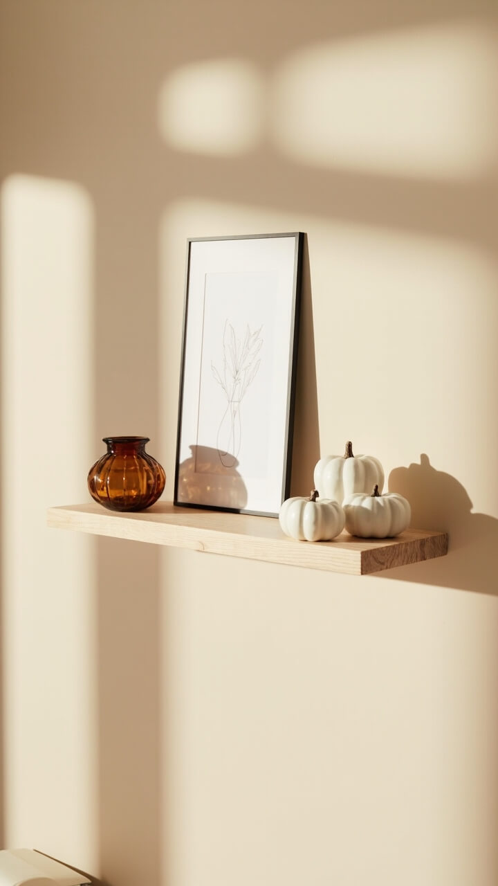 On a powdery beige wall a whitewashed oak floating shelf is centered. A set of two matte white ceramic mini pumpkins sits to the right. An amber glass apothecary jar rests on the left. A thin black framed line art print leans in the middle.