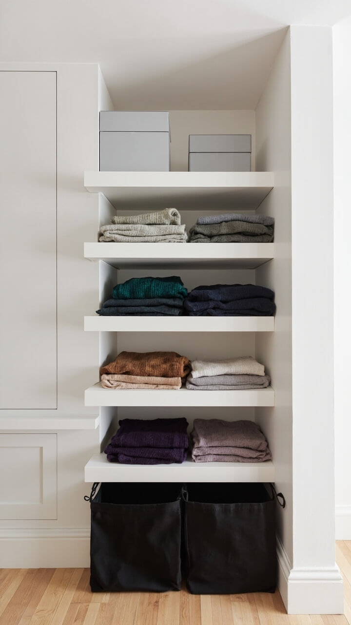 A custom built-in unit stretching from pale oak floor to white ceiling, filled with five evenly spaced shelves. On the top shelf: grey storage boxes. Middle shelves hold folded cozy sweaters in muted jewel tones. The base has matte black fabric bins.