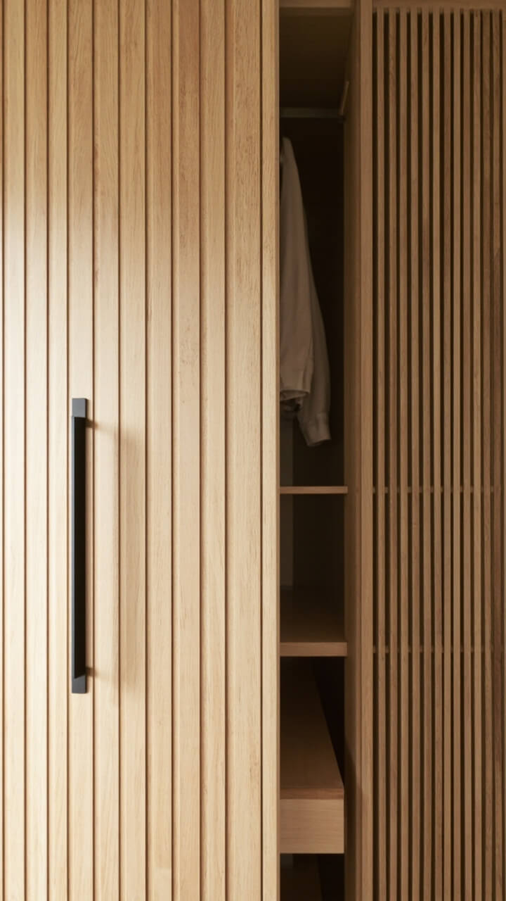 A wall of built-in wardrobes with vertical light oak wood slat doors. The slats are close-set for privacy, lightly stained. Matte black inset finger pulls open to reveal shelves and hanging space behind.