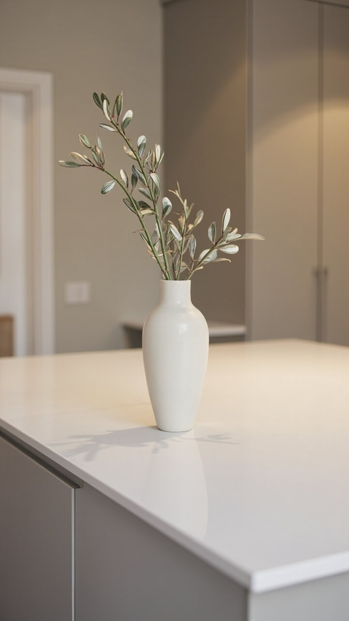 A pale grey kitchen island hosts a tall, curved ceramic vase in matte off-white, filled with a few long sprigs of olive branches. The background holds smooth slab cabinet doors in soft taupe and a clean run of white countertop.