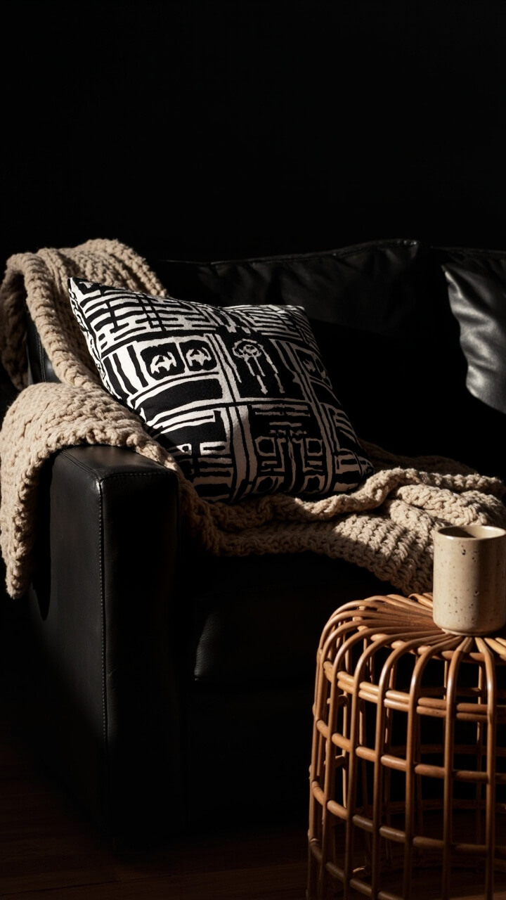 A deep black sofa scattered with an oversized black-and-white mud cloth accent pillow and a chunky cream knit throw. A woven rattan side table holds a ceramic speckled mug.