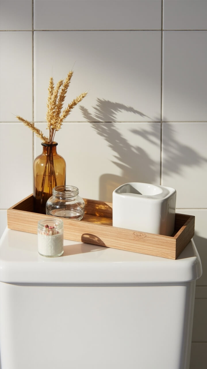 A narrow wood tray sits on the toilet tank lid. An amber glass bud vase with dried wheat stands on the left. A matte white ceramic canister sits to the right. A small clear match striker jar rests at the front of the tray. White tile and a soft gray wall set the backdrop.