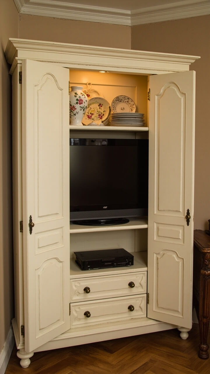 A cream-painted wood armoire stands in the corner, doors ajar to reveal a 40-inch TV. Antique-style bronze knobs and a delicate carved arch detail the doors. On one open shelf, a stack of floral-patterned plates and a tiny porcelain vase showcase the armoire when closed.