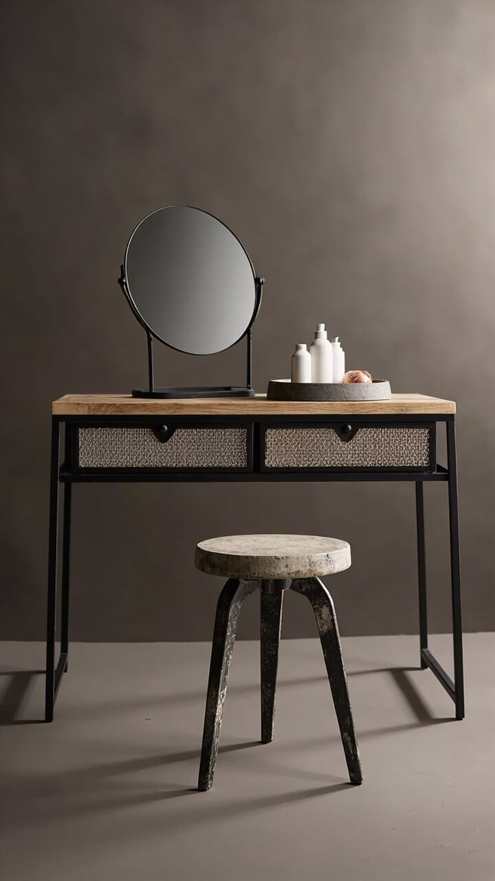 A metal-framed vanity with reclaimed wood top displays two metal mesh pull-out drawers. A matte black accent table mirror and a tiny three-legged vintage stool bring edge without the clutter. A concrete tray holds minimalist skincare bottles.