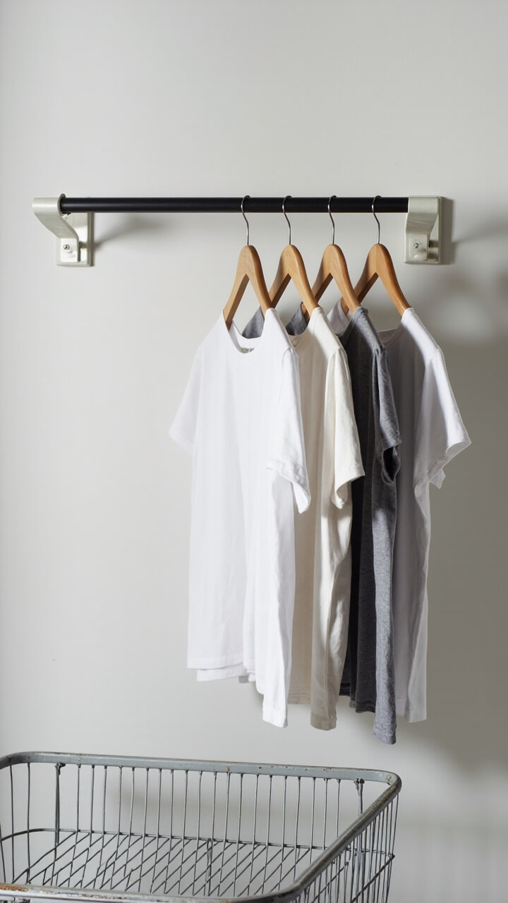 A matte black metal rod spans between two white brackets, set against a pale dove-gray painted wall. Five identical light wood hangers hold T-shirts in neutral tones (white, gray, taupe). Below the rod sits a medium gray wire laundry cart.