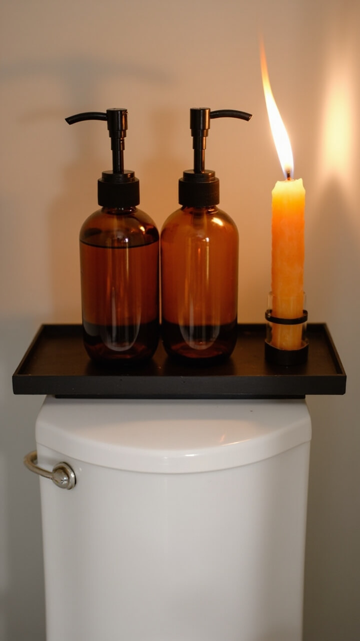 Three amber glass pump bottles with matte black tops sit in a neat row on a small black wooden shelf above a white toilet. Next to them, a single orange taper candle in a black holder stands upright.