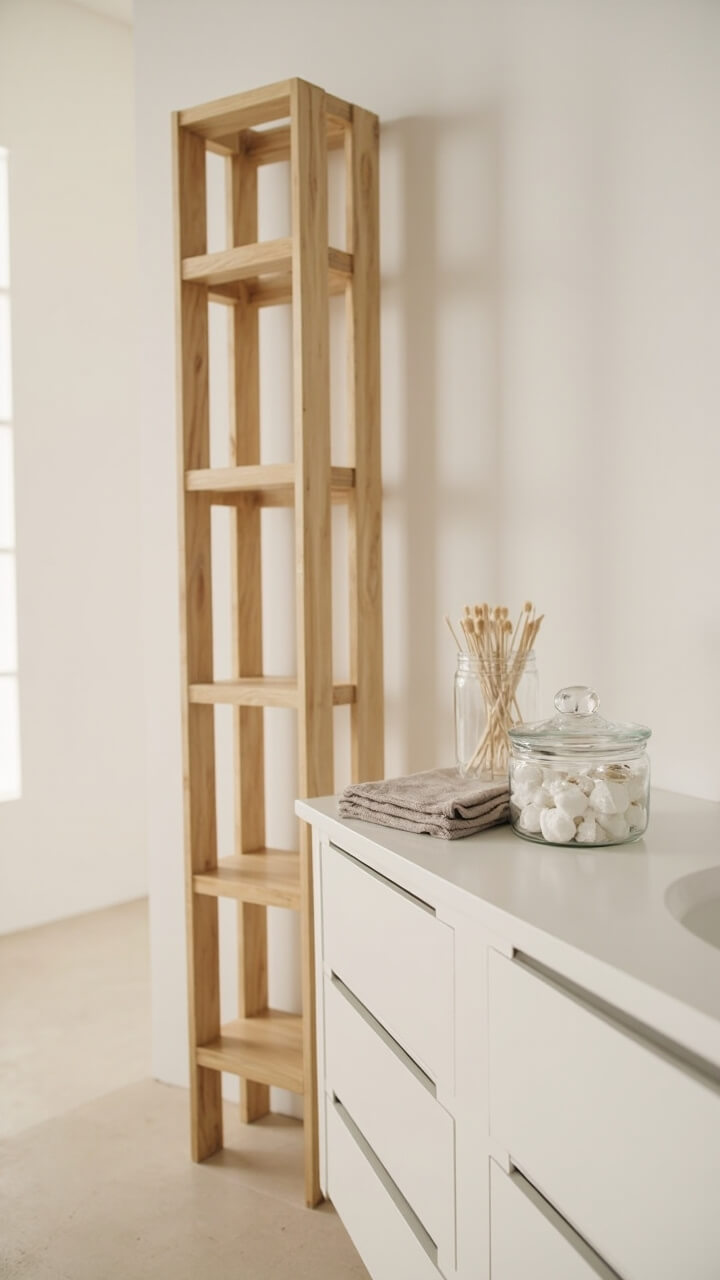 Tall natural birch open shelf tower next to soft white floating vanity, two clear glass jars (cotton pads, swabs), folded pale taupe hand towel, white countertop.