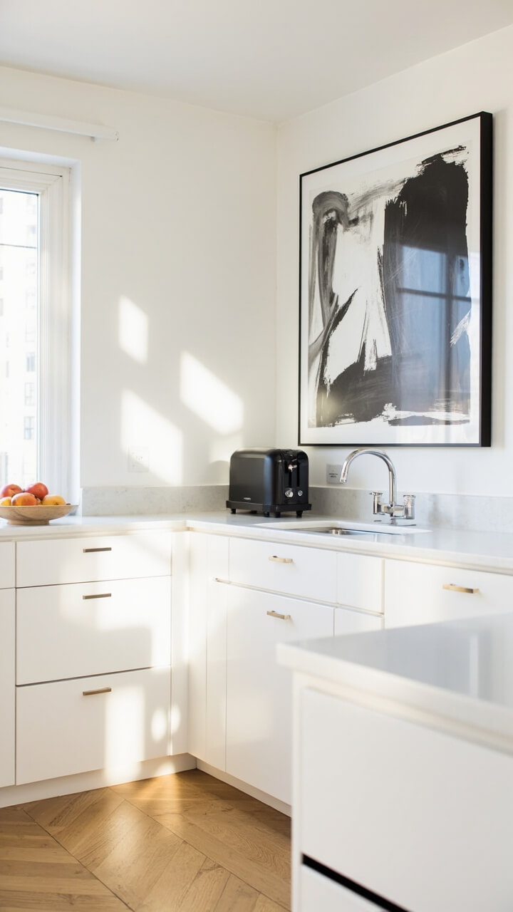 A bright kitchen with matte white cabinetry and pale oak floors. Above the counter, a large black-and-white abstract art print in a slim black frame hangs against a pristine white wall. Below, a quartz countertop holds a matte black toaster and a simple wood fruit bowl. The edge of a modern kitchen faucet peeks into view.