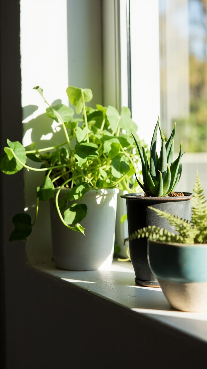 A narrow light maple ledge shelf holds three small potted plants: one trailing pothos in a matte white pot, a miniature snake plant in a charcoal ceramic pot, and a tiny fern in pale blue glazed clay.