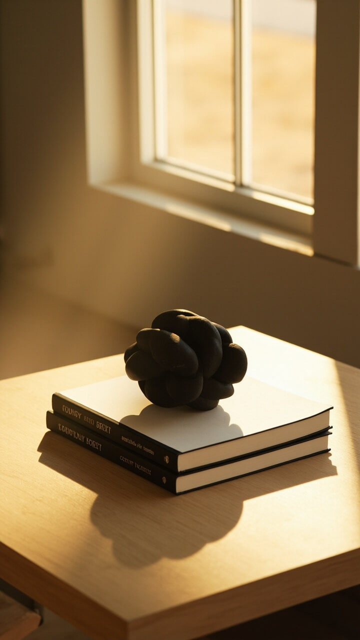 A pale oak square coffee table is centered with a perfectly aligned stack of two large, hardback coffee table books with white and black spines. On top: a sculptural, matte black ceramic knot. Nothing else but sunlight highlighting the clean lines and contrasting shapes. A pale oak square coffee table is centered with a perfectly aligned stack of two large, hardback coffee table books with white and black spines. On top: a sculptural, matte black ceramic knot. Nothing else but sunlight highlighting the clean lines and contrasting shapes.