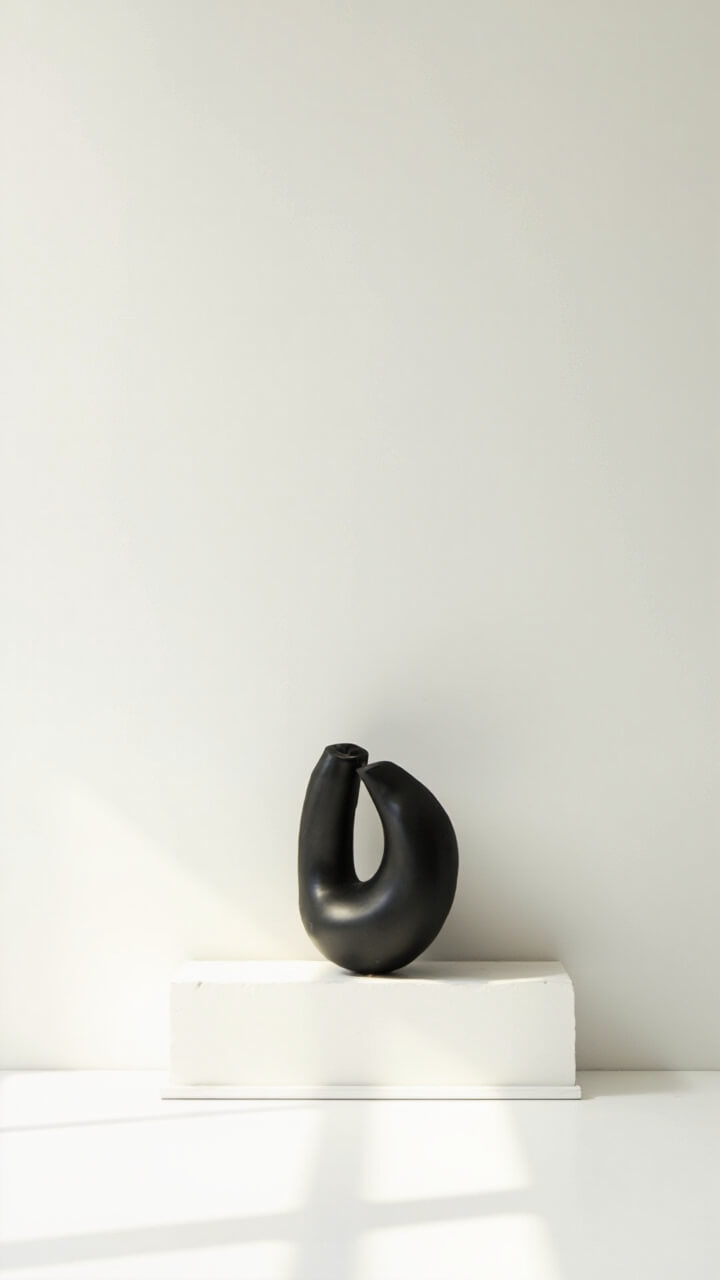 A white plaster mini wall ledge displays a single matte black abstract sculpture, set against a creamy white wall. No other objects are present.