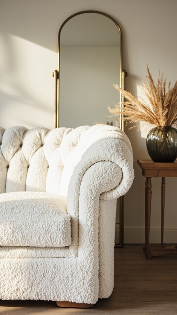 A white boucle sofa is the main anchor, facing a natural oak sofa table. Sitting behind, an arched brass-framed mirror leans slightly against the wall, reflecting the light. To its side, a squat smoky glass vase and a bundle of dried wheat sit together.