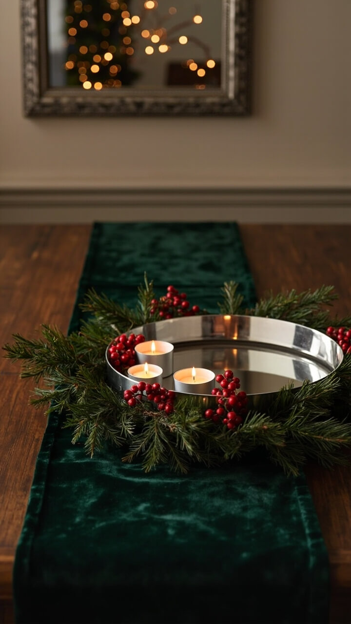A circular mirror tray stands out on a dark green velvet runner on a dining table. Three tea light votives are set among faux pine branches and clusters of red berries. In the background, a rectangular wall mirror with an aged silver frame reflects twinkling fairy lights.