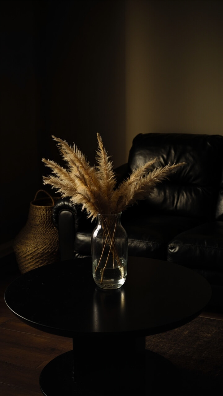 A black sofa with a low round black coffee table. A tall clear glass vase filled with beige pampas grass sits in the center. Next to the sofa is a small handwoven seagrass basket.