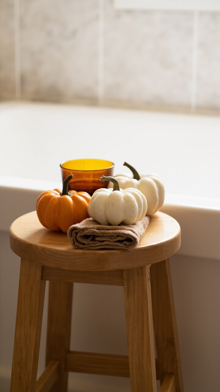 A round wooden stool placed to one side of a bathtub. On top are three small pumpkins in soft white and muted orange, a glass amber candle, and a folded tan hand towel. The background includes neutral wall tile and part of a white bathtub.