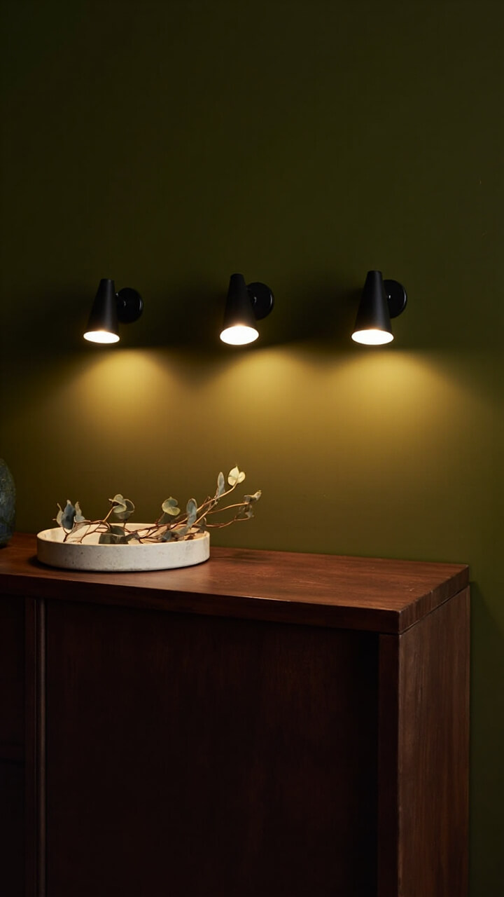 A trio of matte black cone sconces is mounted above a deep olive wall, evenly spaced above a walnut credenza. The central sconce highlights a ceramic tray with dried eucalyptus. The rest is uncluttered so the lighting stands out.
