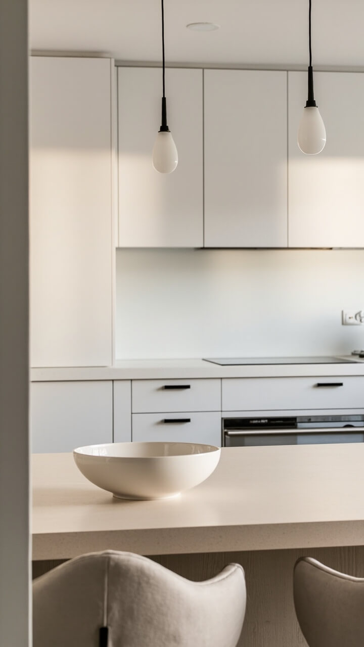 A serene pale wood kitchen island sits beneath two slim frosted glass pendant lights with black cords. The island hosts only a shallow white fruit bowl, with pale grey bar stools tucked underneath. The rest of the space showcases flat-panel white cabinets, a seamless cooktop, and a hint of a built-in oven.