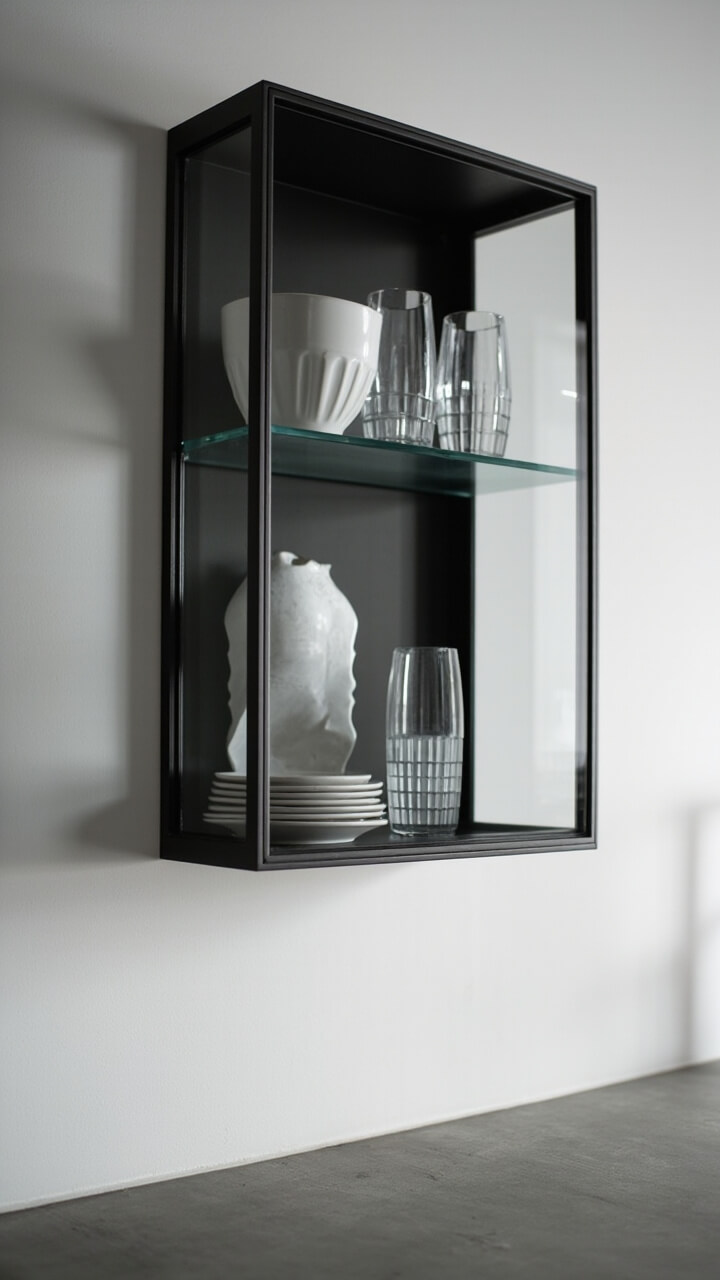 One kitchen wall features a single wall-mounted cabinet with thin black metal framing and clear glass doors. Inside, a row of matte white dishes and two ribbed glass tumblers are perfectly spaced. A concrete look countertop sits below.