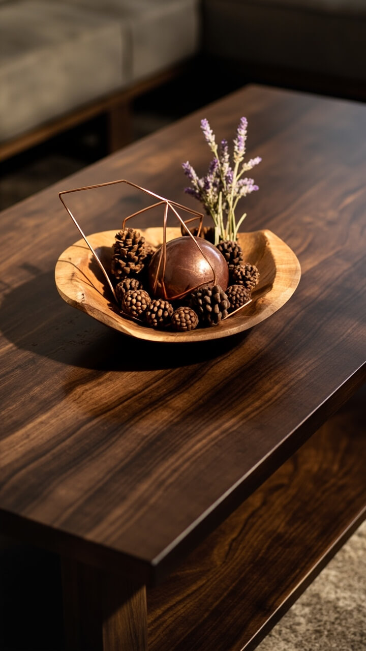 A chunky, rectangular walnut wood coffee table sits center stage, topped with a large, shallow carved mango wood bowl. Inside: a mix of smooth white river stones, two small brown pinecones, a copper geometric sphere, and a sprig of dried lavender. A chunky, rectangular walnut wood coffee table sits center stage, topped with a large, shallow carved mango wood bowl. Inside: a mix of smooth white river stones, two small brown pinecones, a copper geometric sphere, and a sprig of dried lavender.
