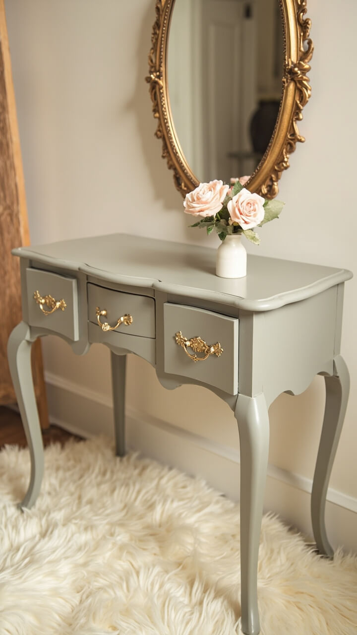A light taupe vanity table with gently curved cabriole legs and two tiny gold-handled drawers rests on a cream rug. An oval gilded mirror leans gracefully above, and a petite white ceramic vase holds miniature pale pink roses.
