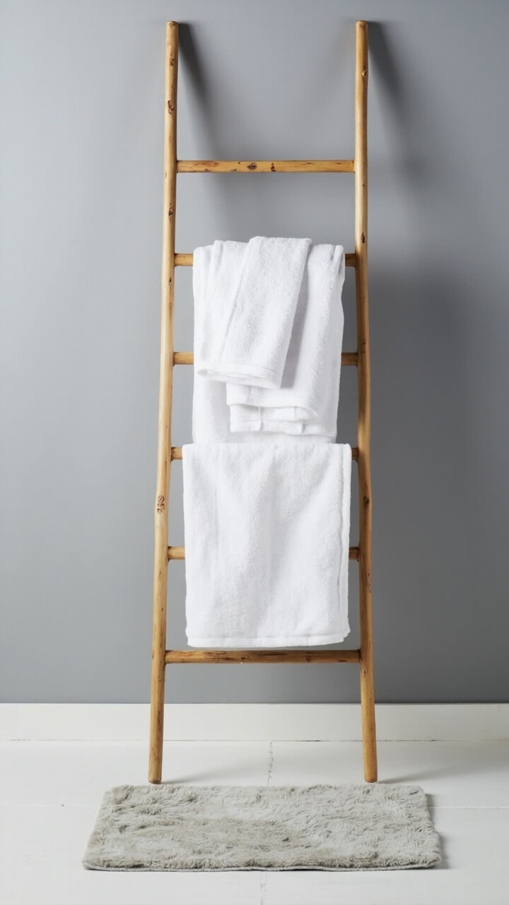An uncluttered gray wall with a slim, natural bamboo ladder leaned gently against it. Three bright white towels hang effortlessly from different rungs. Beneath, a single light gray bath mat.