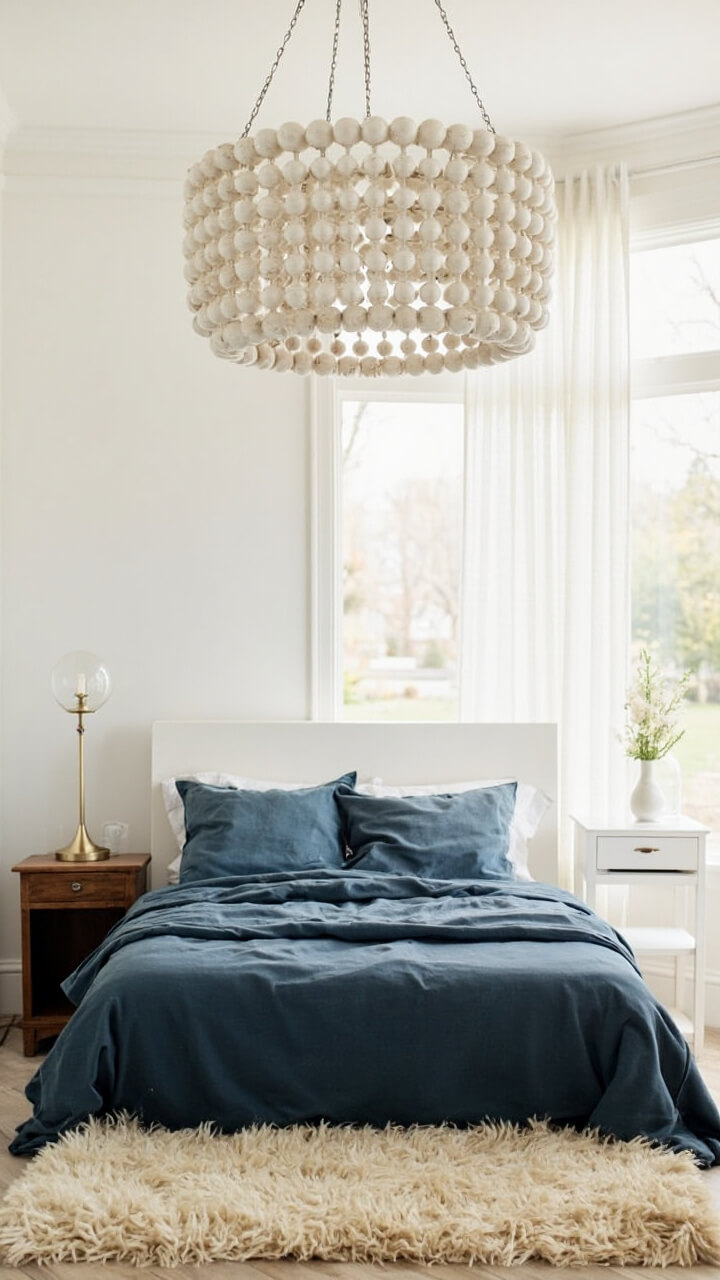 Above a soft slate-blue bedspread, a round chandelier made of whitewashed wooden beads hangs. The bed is framed by two mismatched bedside tables—one dark wood, one painted white—each with a clear glass globe lamp. A cream shag rug softens the floor.