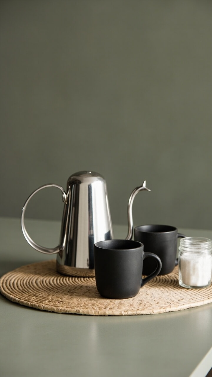 A polished stainless steel gooseneck kettle, two matte black ceramic mugs, and a small glass sugar jar sit grouped on a round natural fiber placemat near the edge of a muted sage green island.