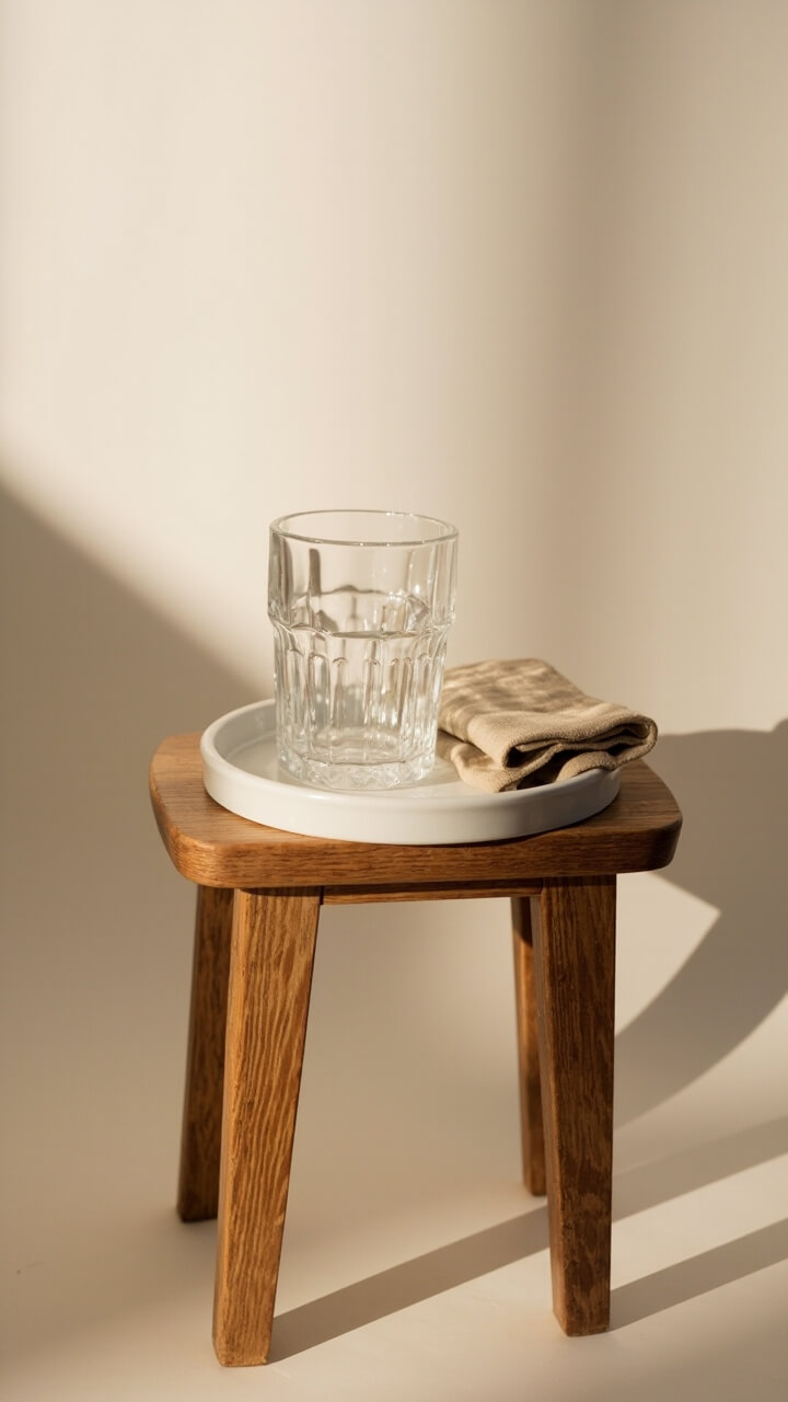 A short, round oak stool barely higher than the seat of a chair, with a circular white ceramic tray on top. Inside the tray, a clear glass tumbler and a folded beige cotton napkin.