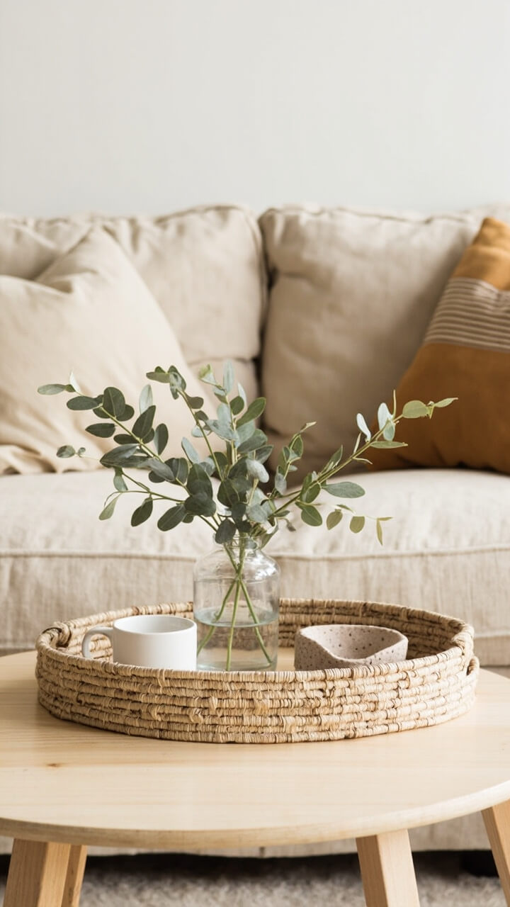 A sand-colored linen sofa with two cream and tan striped pillows sits in front of a pale wooden sofa table. Centered on the table is a wide round woven seagrass tray, holding a short clear vase with fresh eucalyptus, a lone white ceramic mug, and a speckled clay mini bowl.