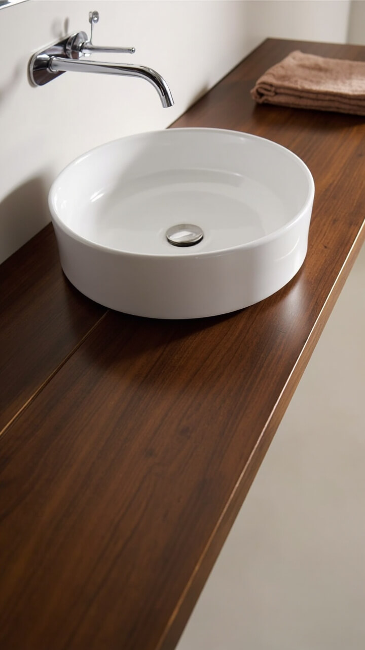 A rectangular, flat walnut countertop holds one white round vessel sink and a single minimalist chrome faucet. The rest of the counter is clear except for a folded hand towel.
