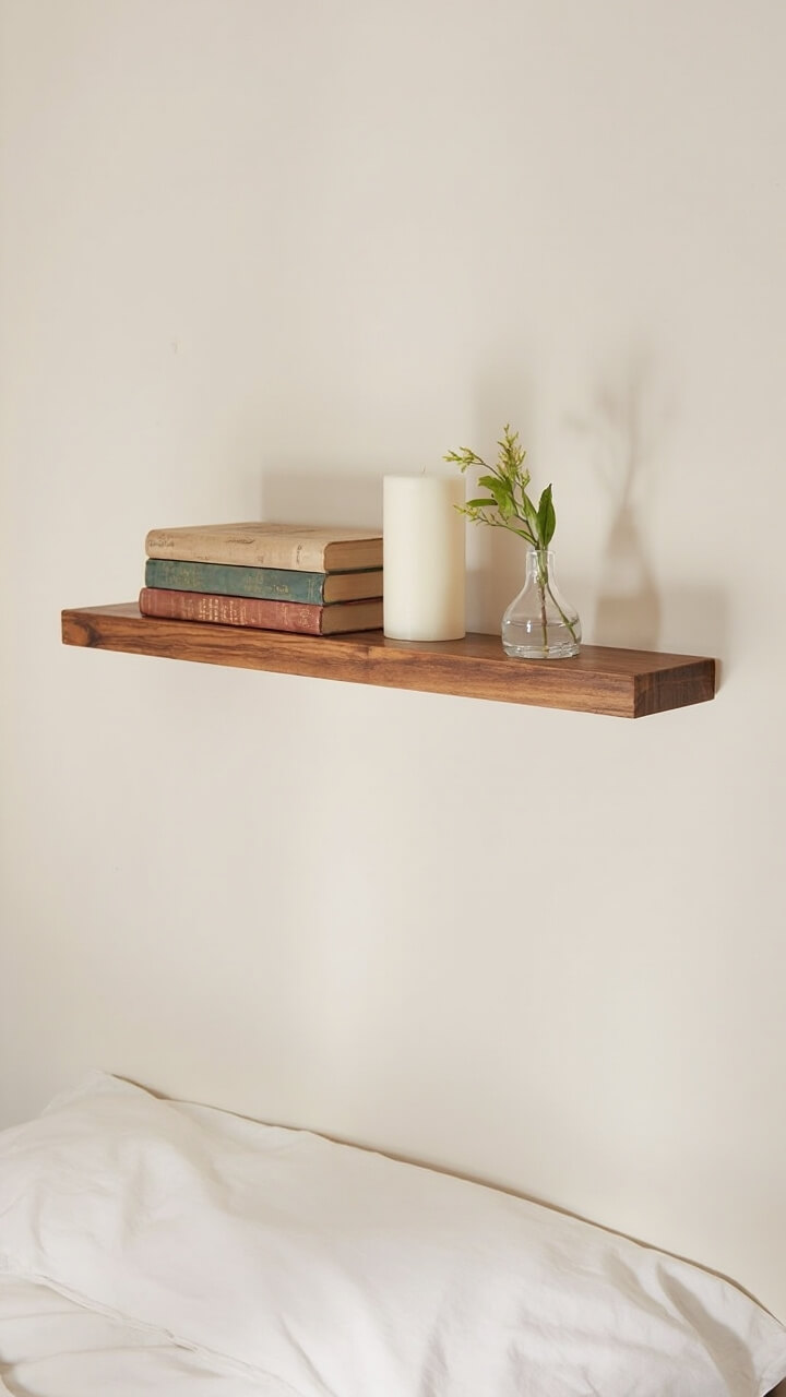 Two narrow natural walnut floating shelves above a bed. One shelf holds a small stack of three earth-toned books, the other a simple white ceramic candle and a single-stem glass bud vase with greenery.