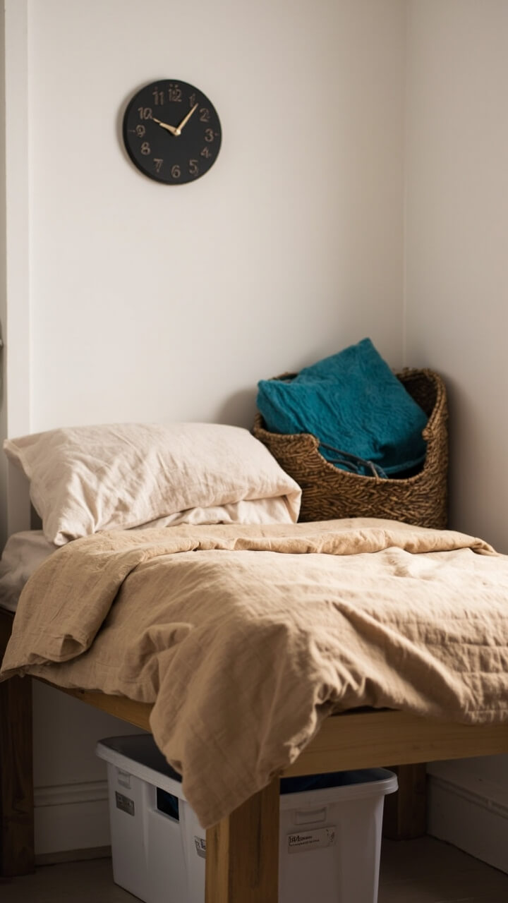 A twin bed with a simple tan comforter is slightly lofted, revealing three matching charcoal fabric bins with faux leather handles underneath. Two are labeled with white tags. At the bed’s head sits a woven basket with a folded teal blanket, and the wall above features a minimalist black circle wall clock.